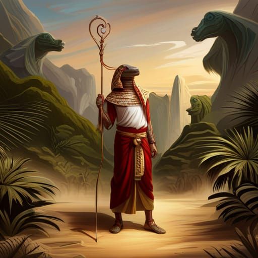 Egyptian Crocodile-Headed Man with Snake Staff