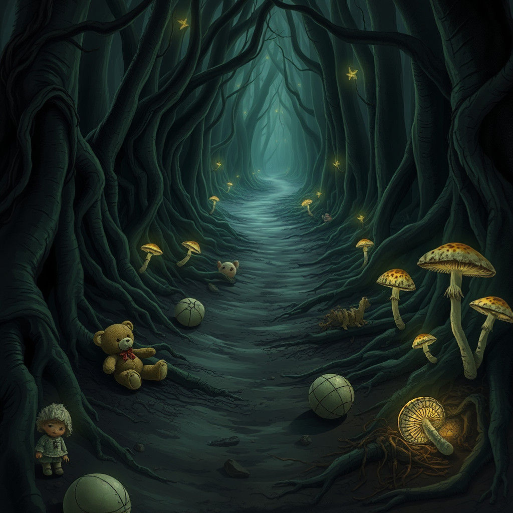Eerie Forest Path with Lost Toys