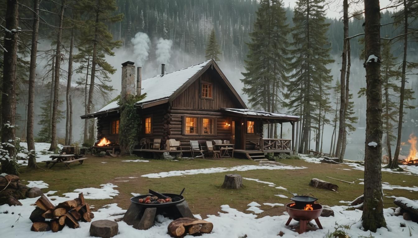 Whimsical Cabin Scene Captured in Cinematic Film Still Style
