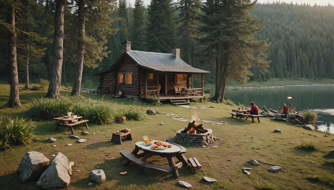 Cozy Winter Cabin Scene with Campfire and Breakfast