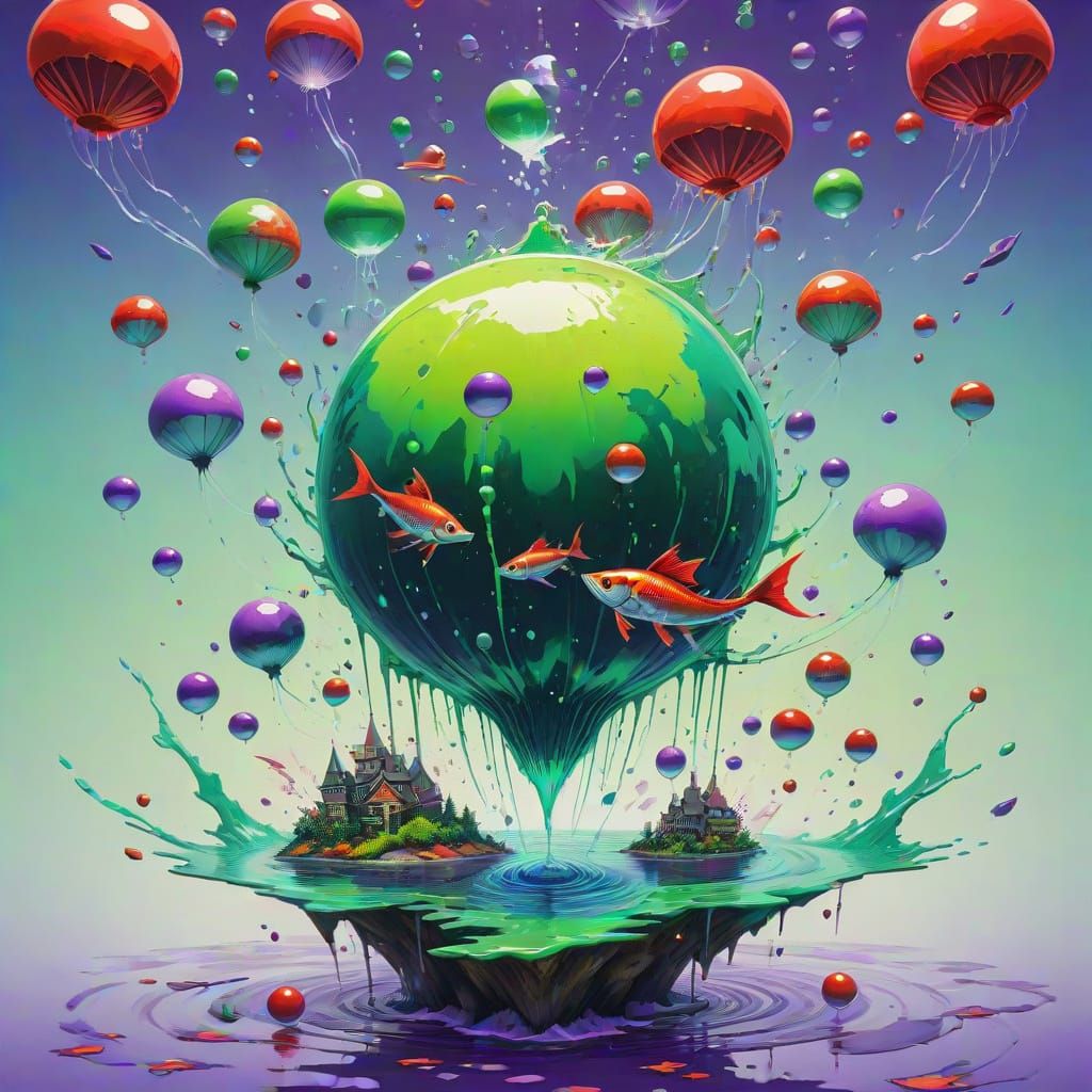 Surreal Floating Island with Fish in Psychedelic Style