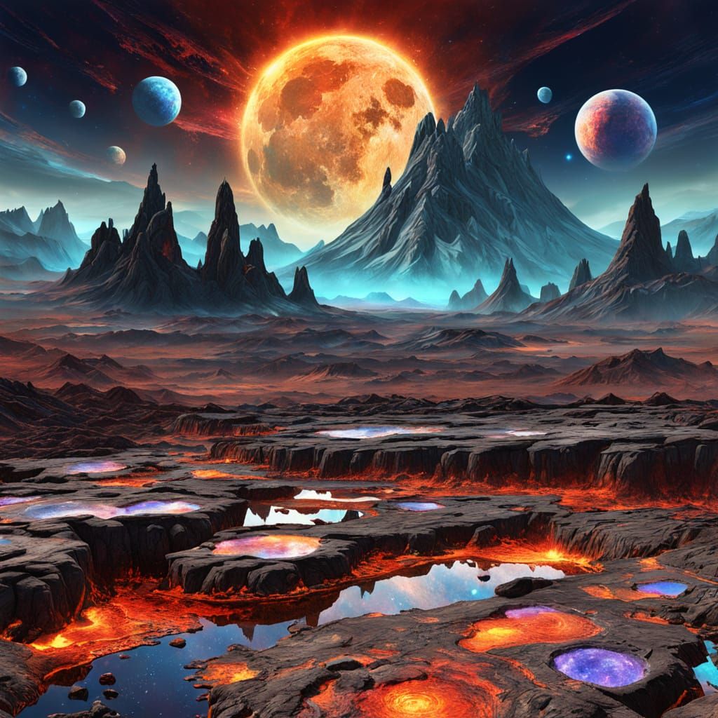 Alien Lava Planet with Three Moons