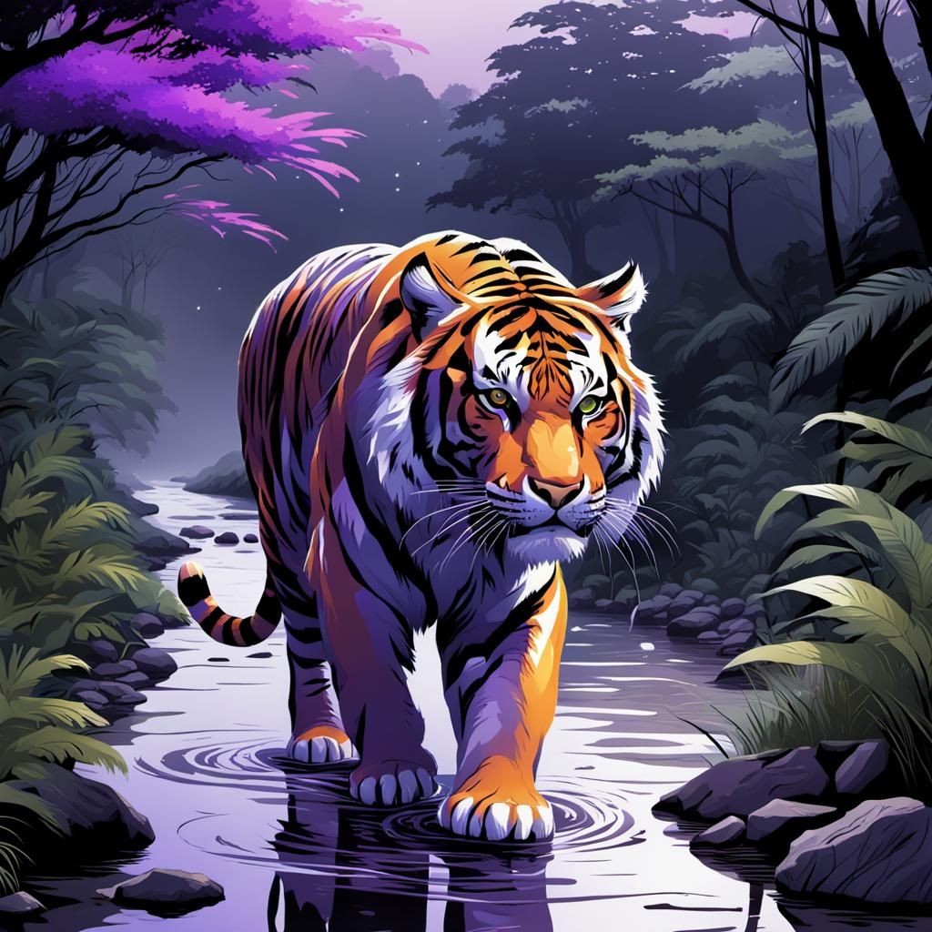 Ace Flag Tiger in Jungle Stream: Digital Art