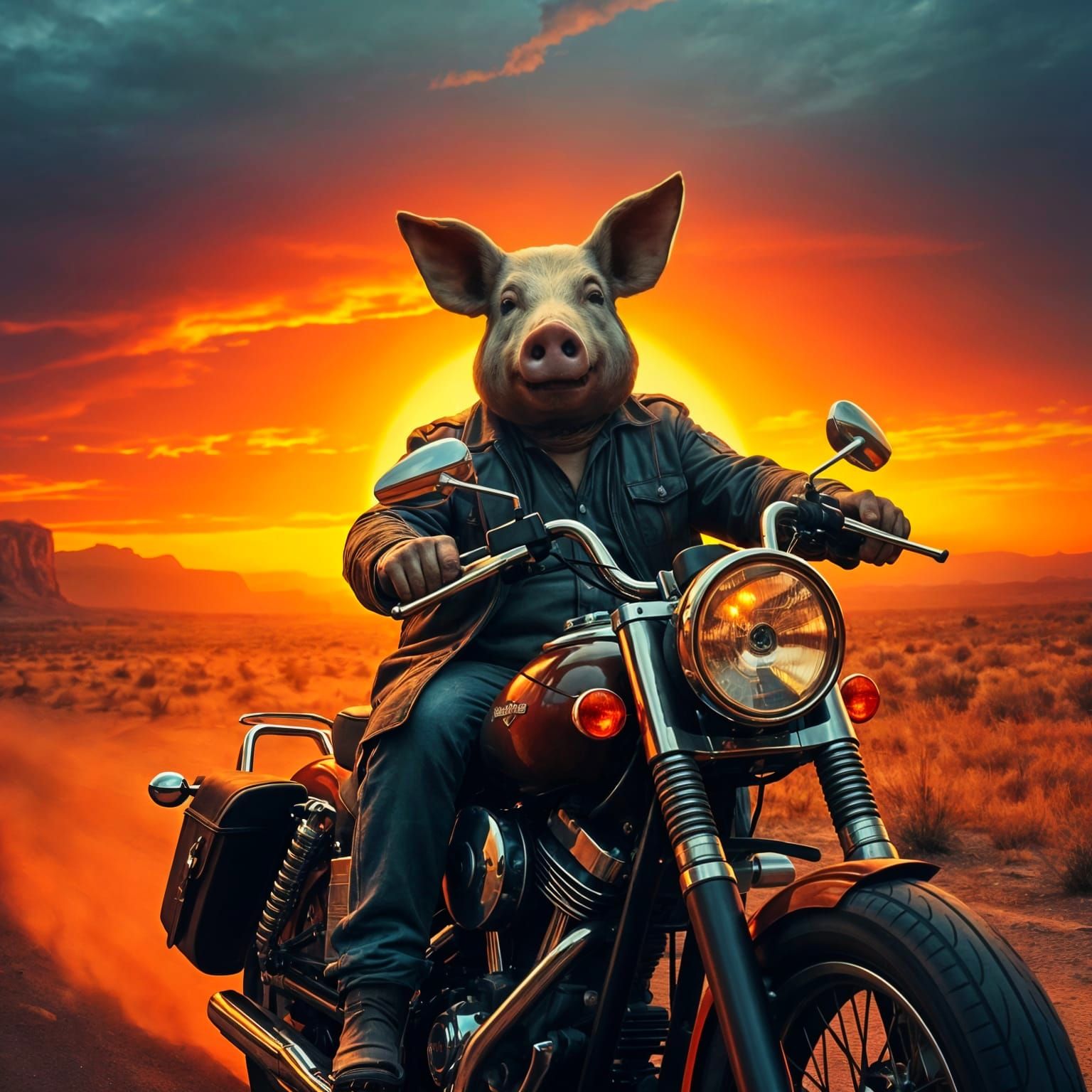 Pig-Headed Man Rides Motorcycle into Sunset