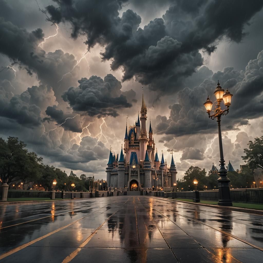 Disney Castle Storm in Dramatic Oil Painting Style
