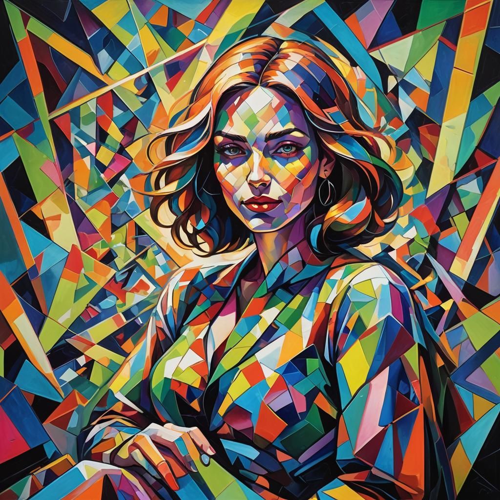 Fluorescent Woman with Enigmatic Smile in Cubist Style