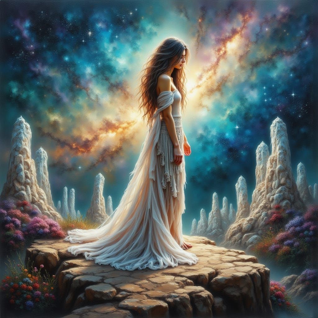 Ethereal Woman on Precipice Overlooking Nebula Sky