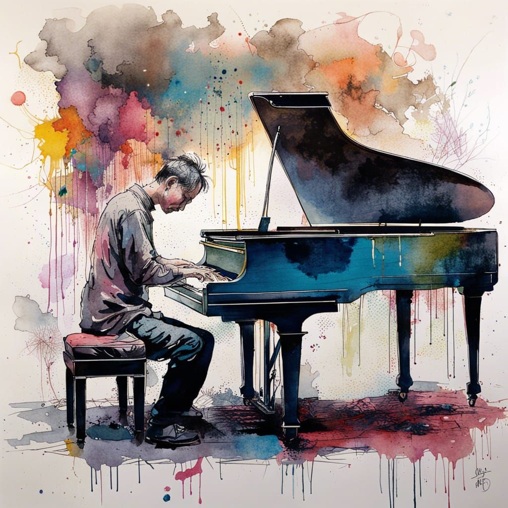 Pianist Immersed in Music: Watercolor on Old Paper