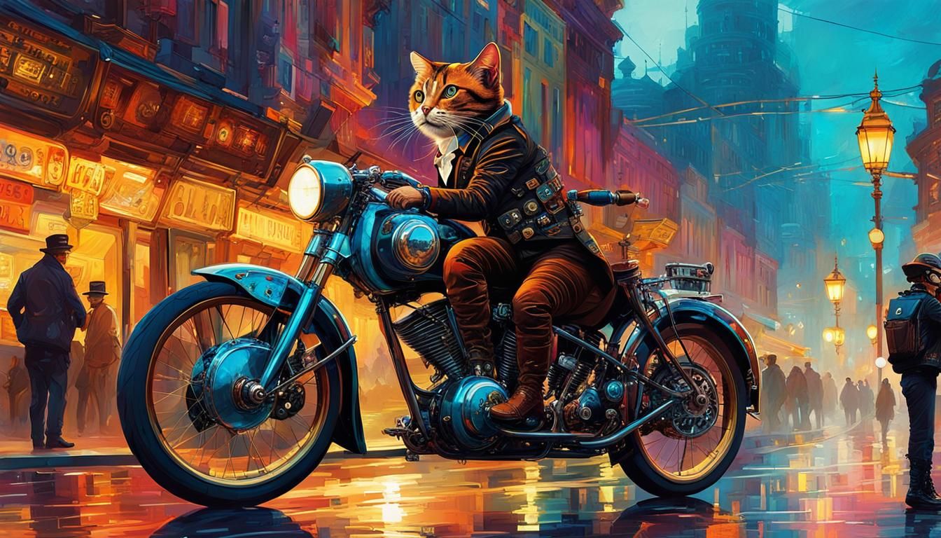 Steampunk Cat Rides Cyberpunk Bike