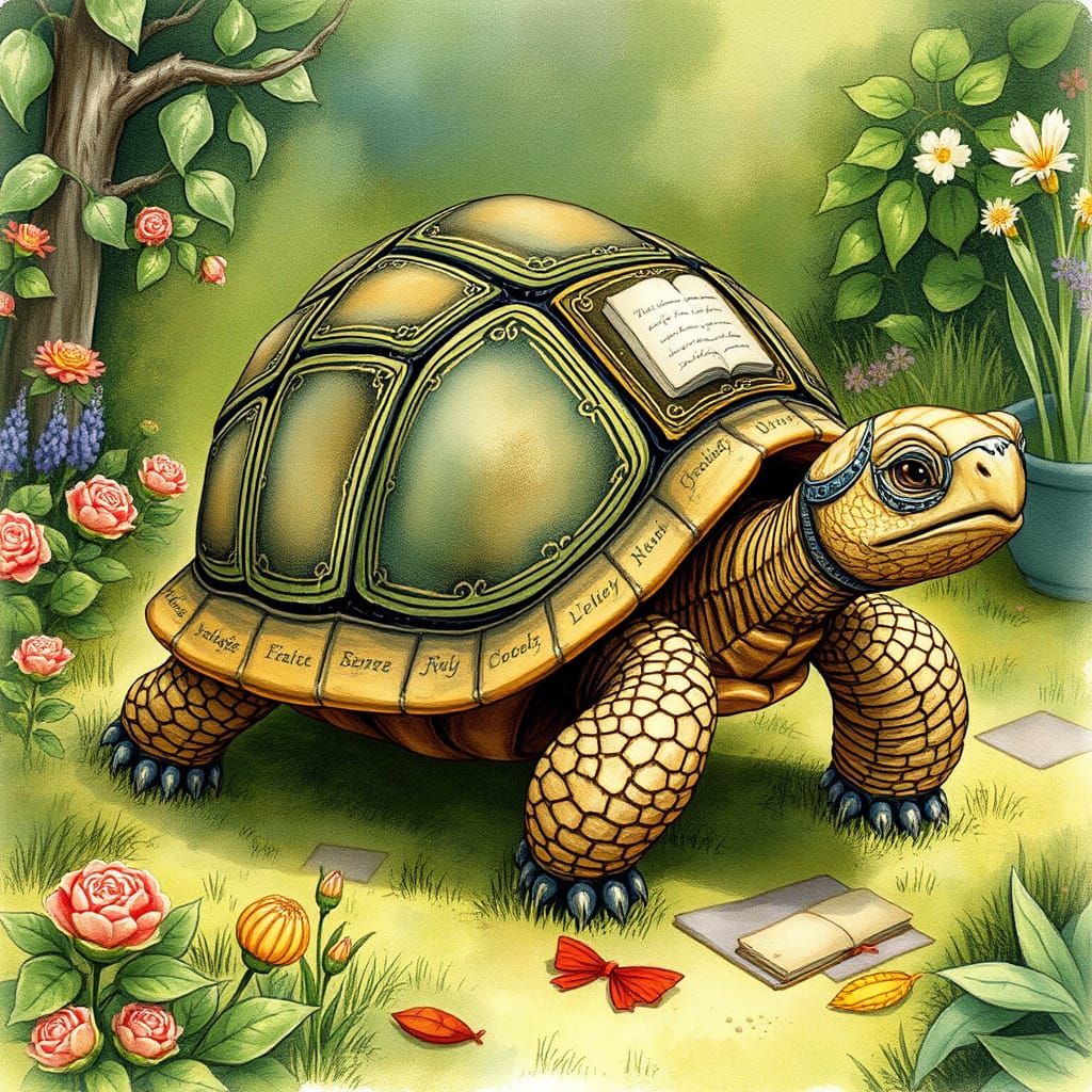 Tortoise with Book Shell in Whimsical Garden
