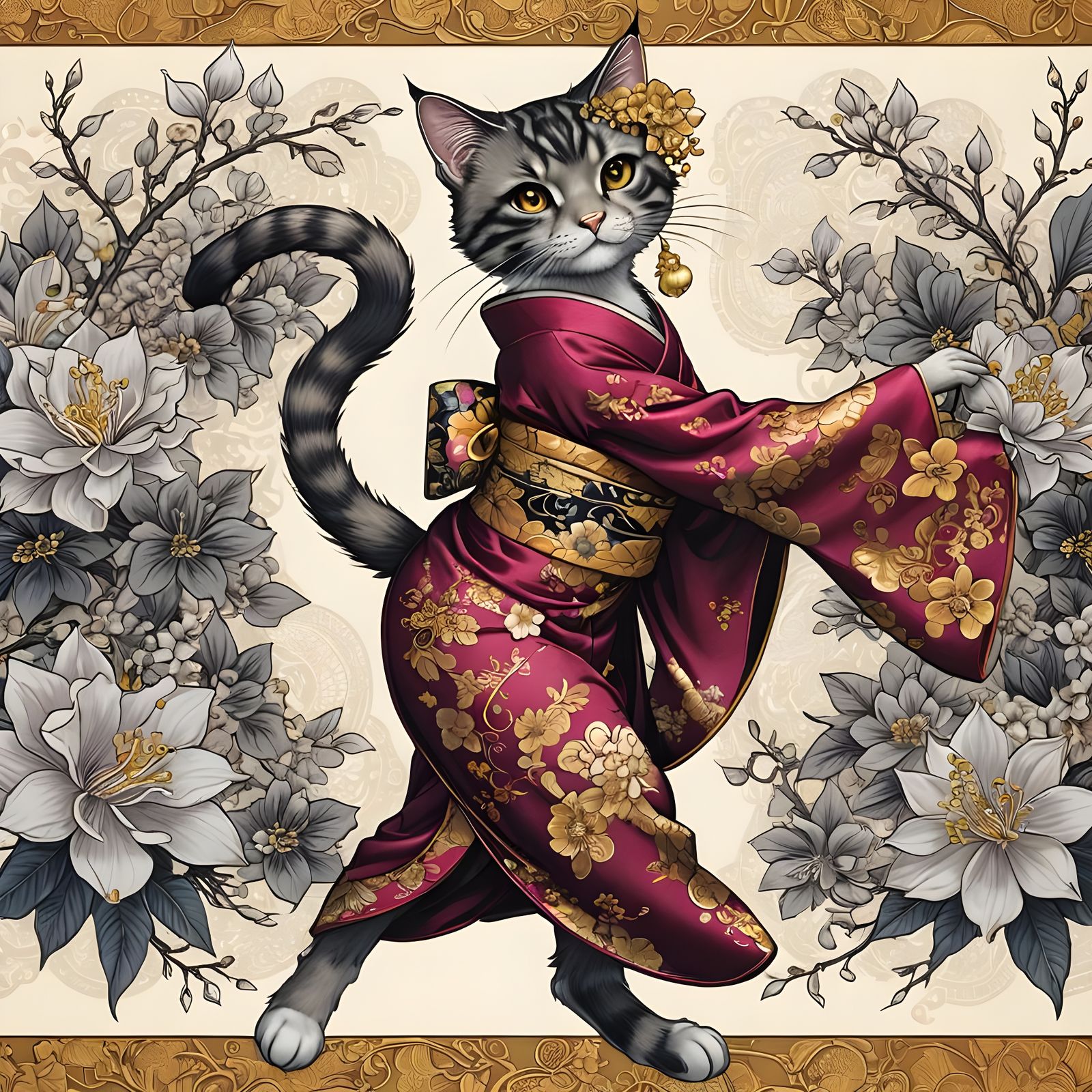 Dancing Geisha Cat in Beautiful Kimono