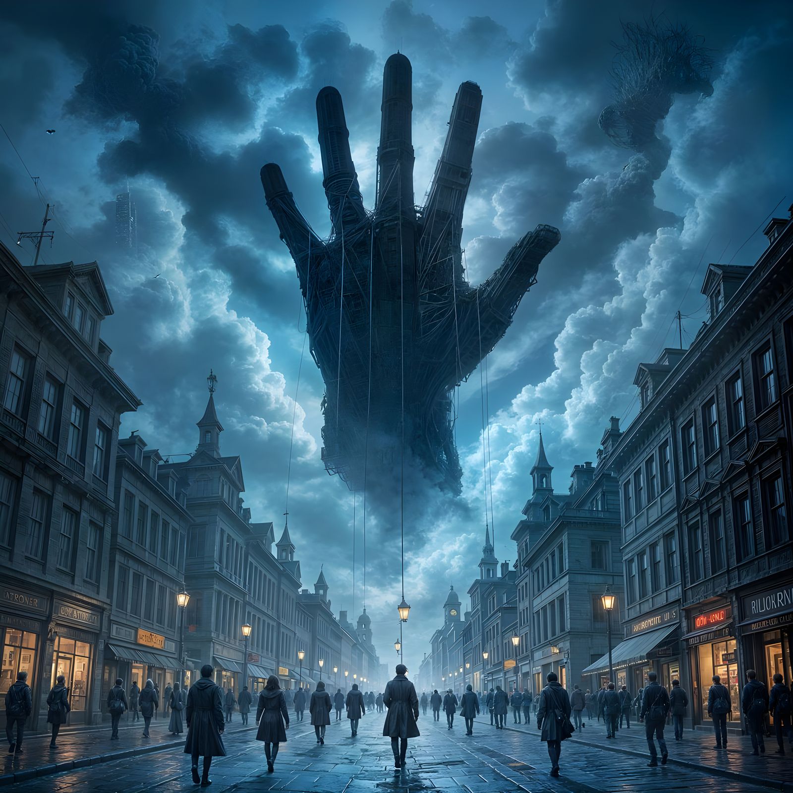 Giant Hands Control City Life From Dark Clouds