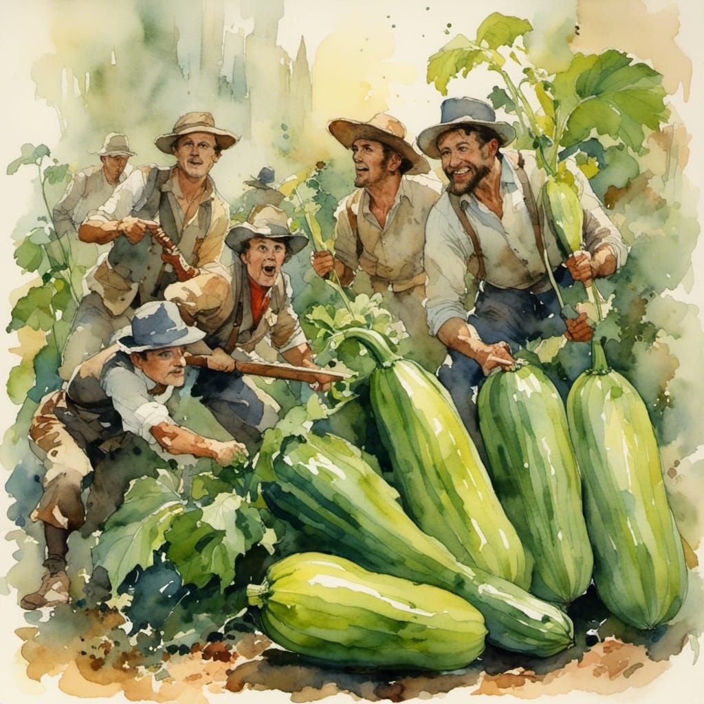 Zucchini Raiders Attack: Watercolor Painting