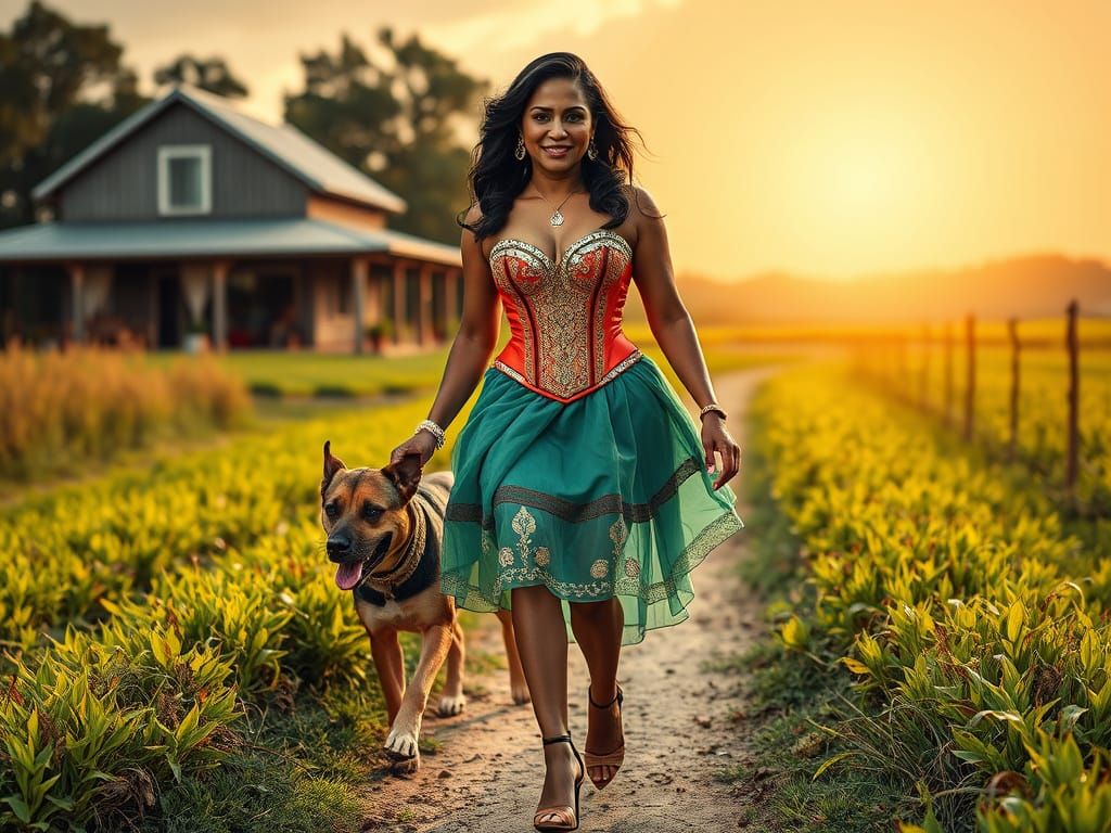 Mindy Kaling Look-Alike Walking Dog in Field
