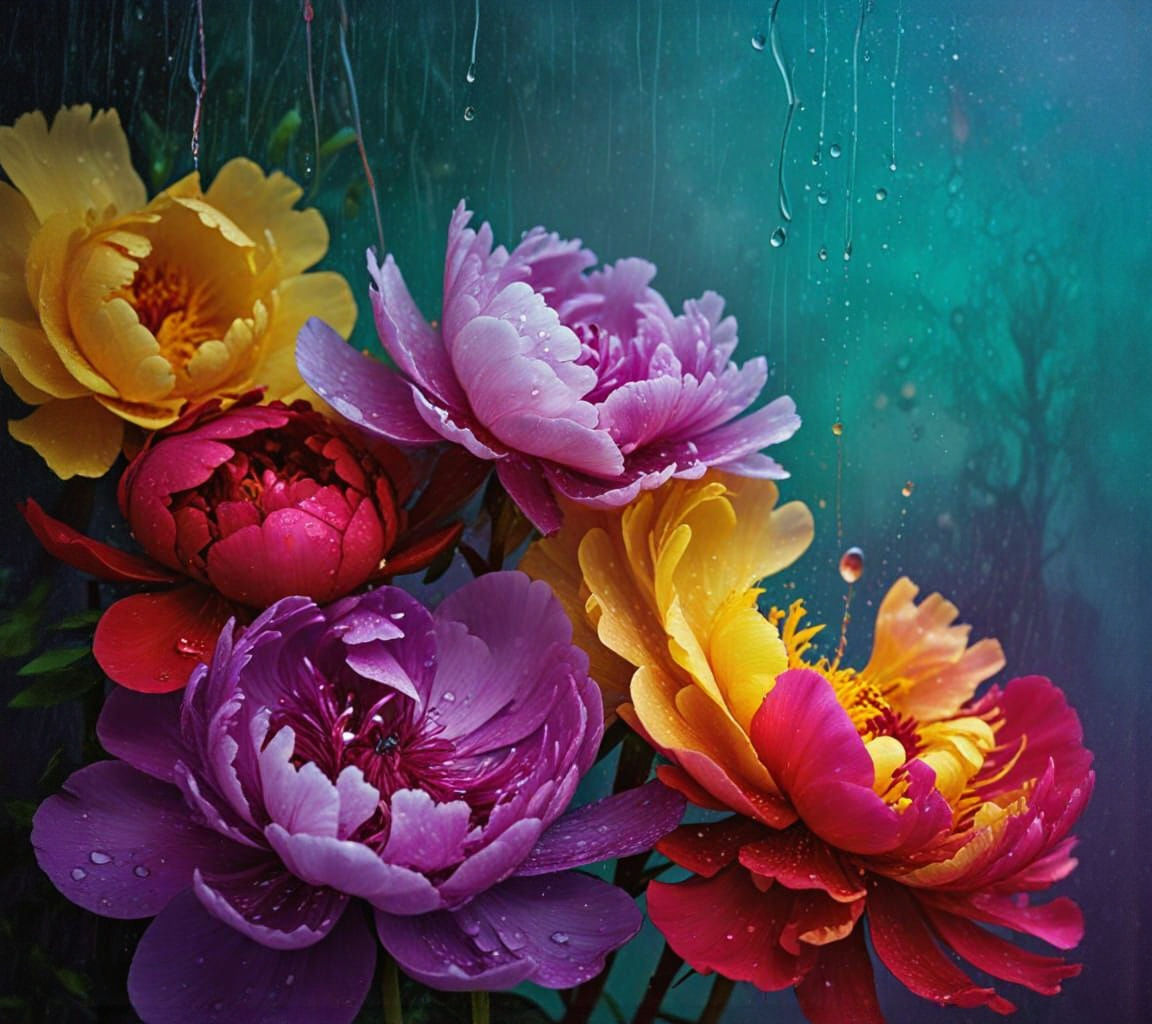 Vibrant Purple Peonies in Rainy Vignette