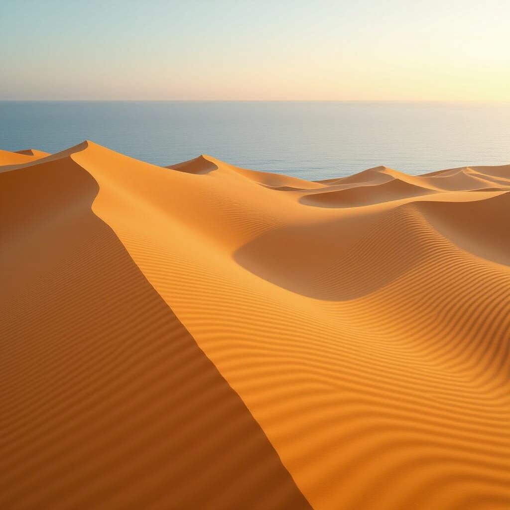 Desert Dunes Meet Tranquil Sea: Cinematic Landscape
