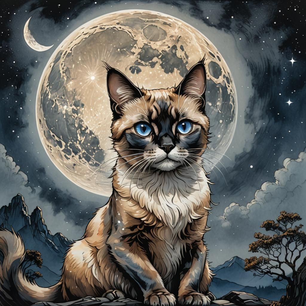Calico Cat Gazing at Moon in Surreal Style