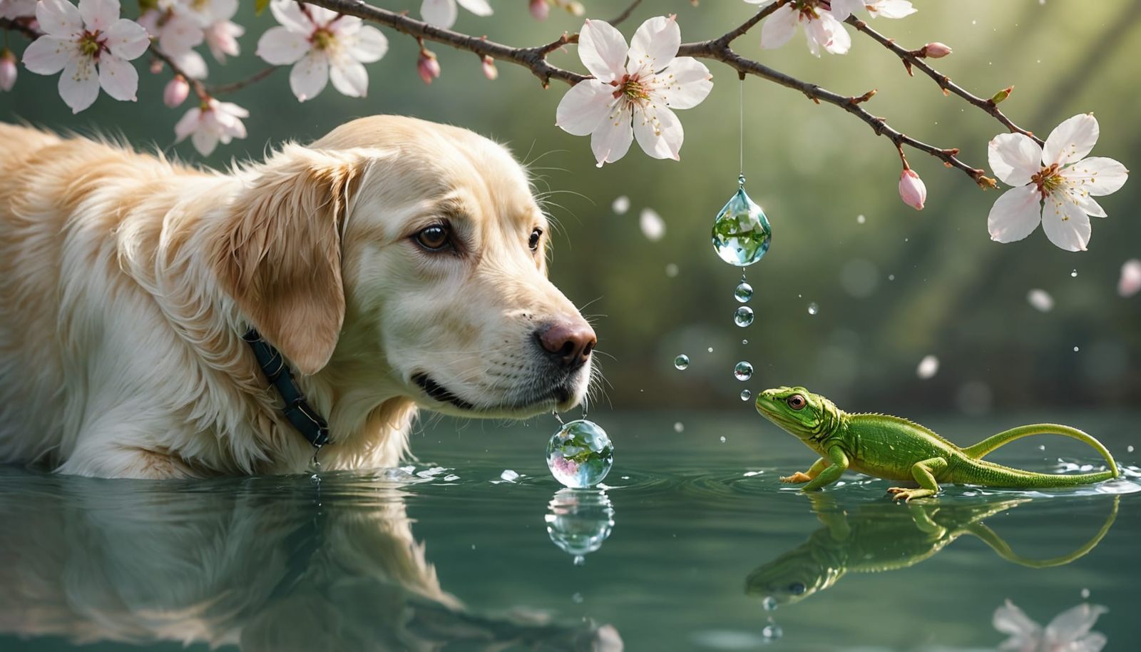 Water Droplet, Lizard, and Puppy in Dreamlike 3D Render