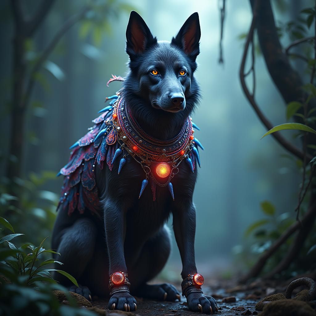 Dog in Futuristic Clothing in Jungle Setting