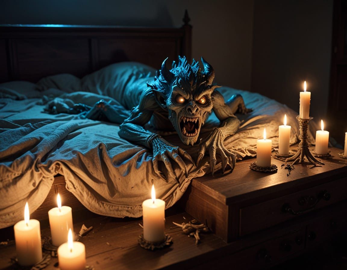 Luminescent Demonic Monster Hiding Under Bed