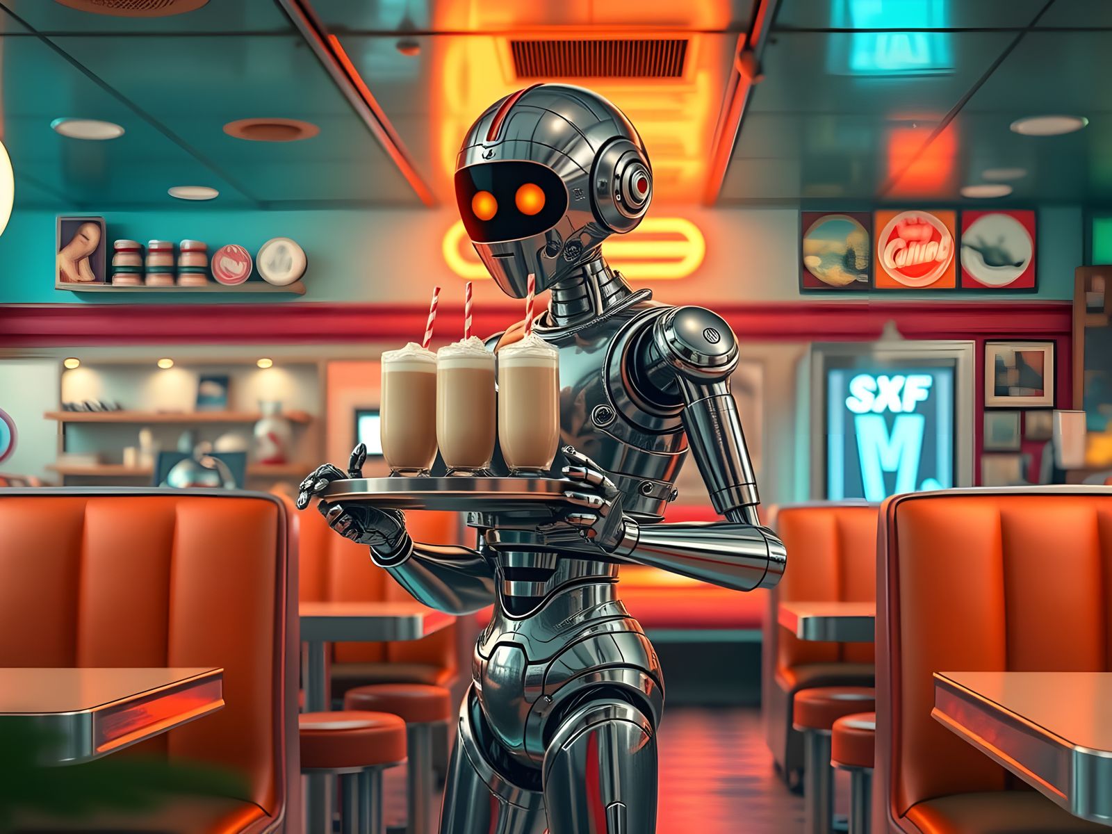 Retrofuturistic Diner Scene as Airbrush Art
