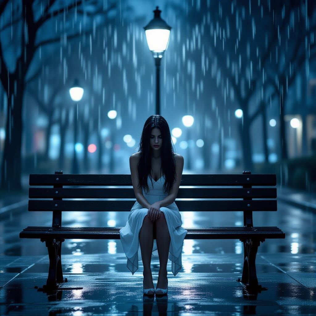 Gorgeous Woman in White Dress on Rainy Park Bench