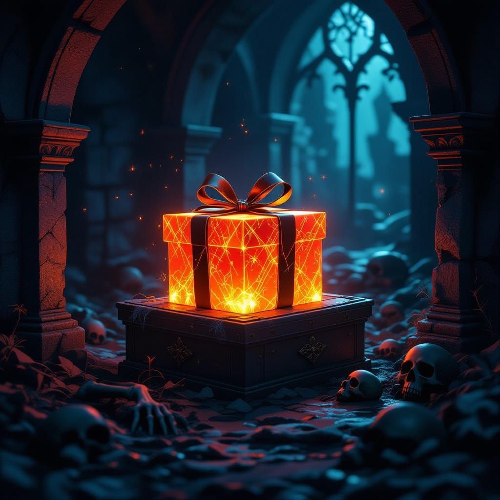 Glowing Christmas Present on Skeletal Remains in Crypt