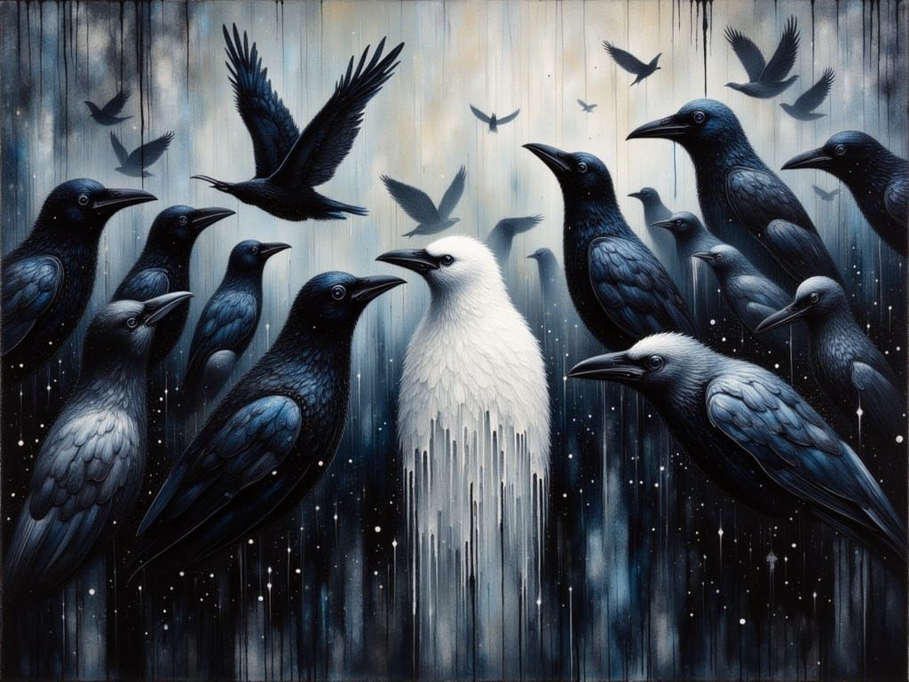 Luminous Crow Amidst Dark Flock in Expressive Oil Painting