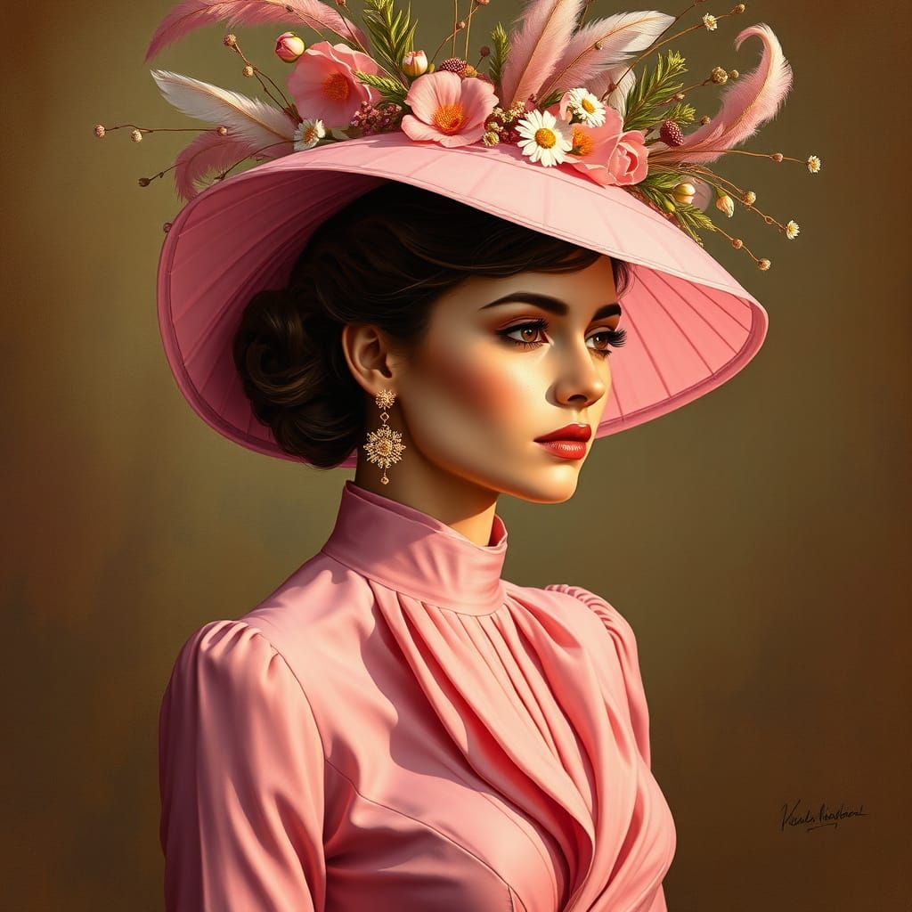 Elegant Woman in Pink Hat: Art Nouveau Oil Painting
