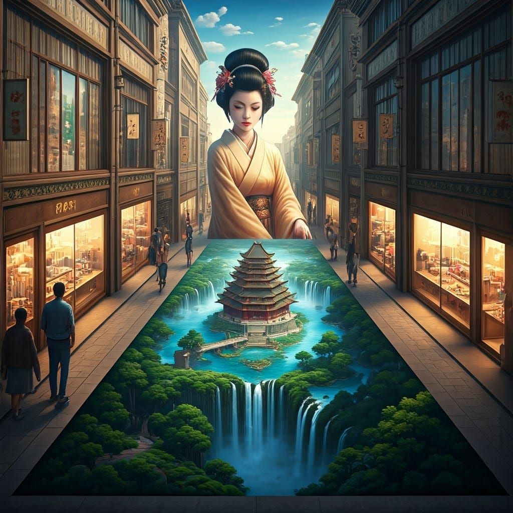 Geisha Optical Illusion Street Art in Japanese District