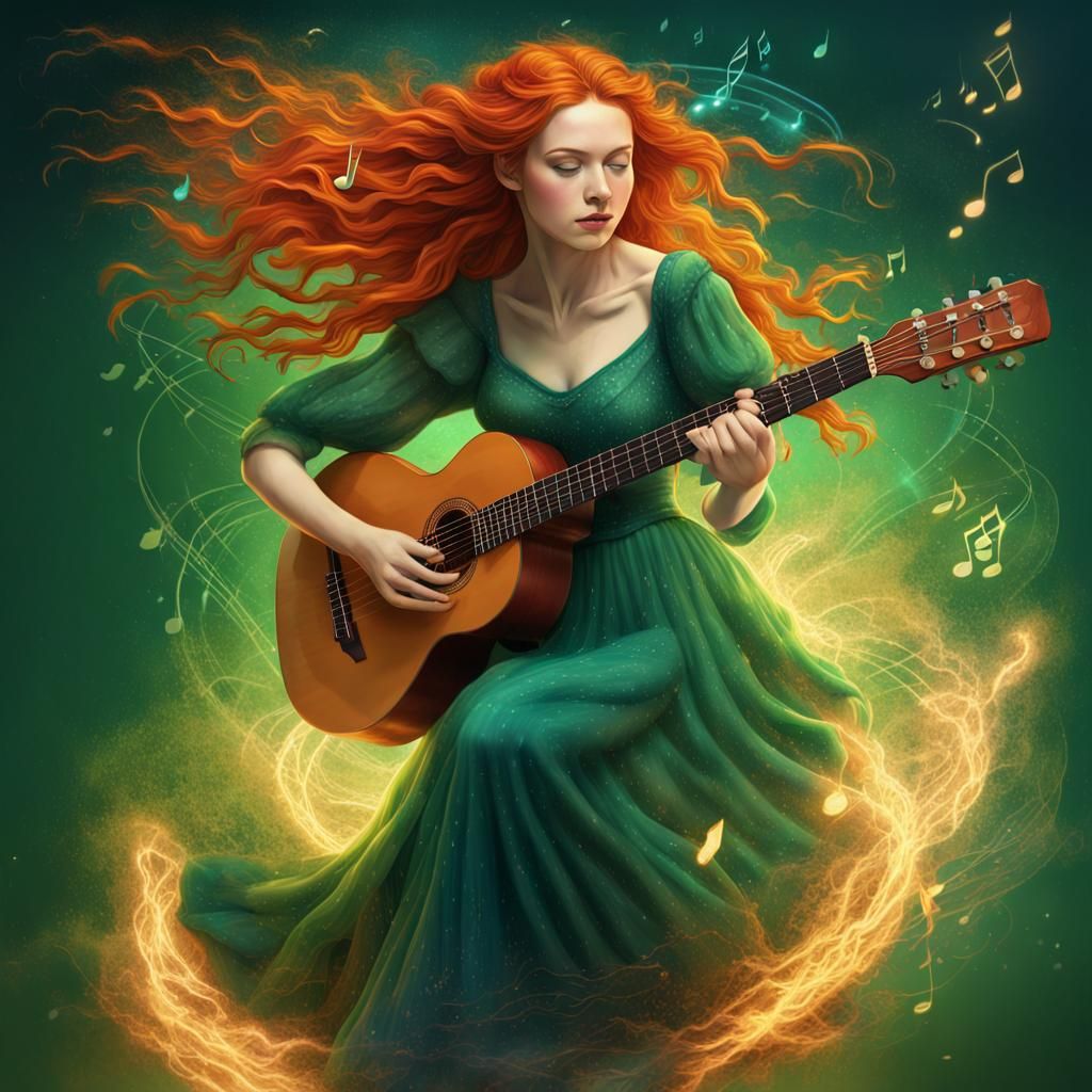 Redhead Bard Plays Magical Guitar in Fantasy Art