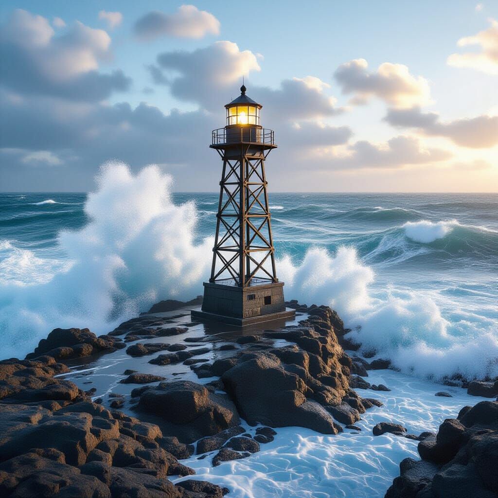 Detailed Light Tower on Rocky Coast with Waves