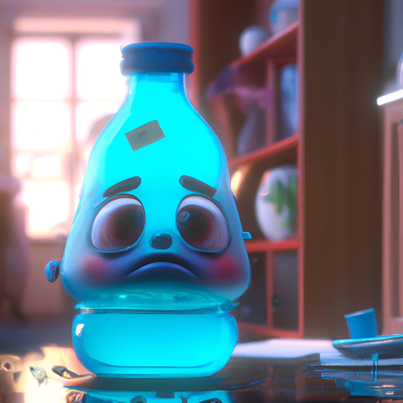 Sad Water Bottle Crying in Kitchen: 3D Render