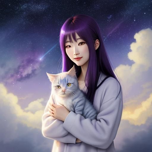 Purple haired Korean Girl holding Cuddly kitten in the night...