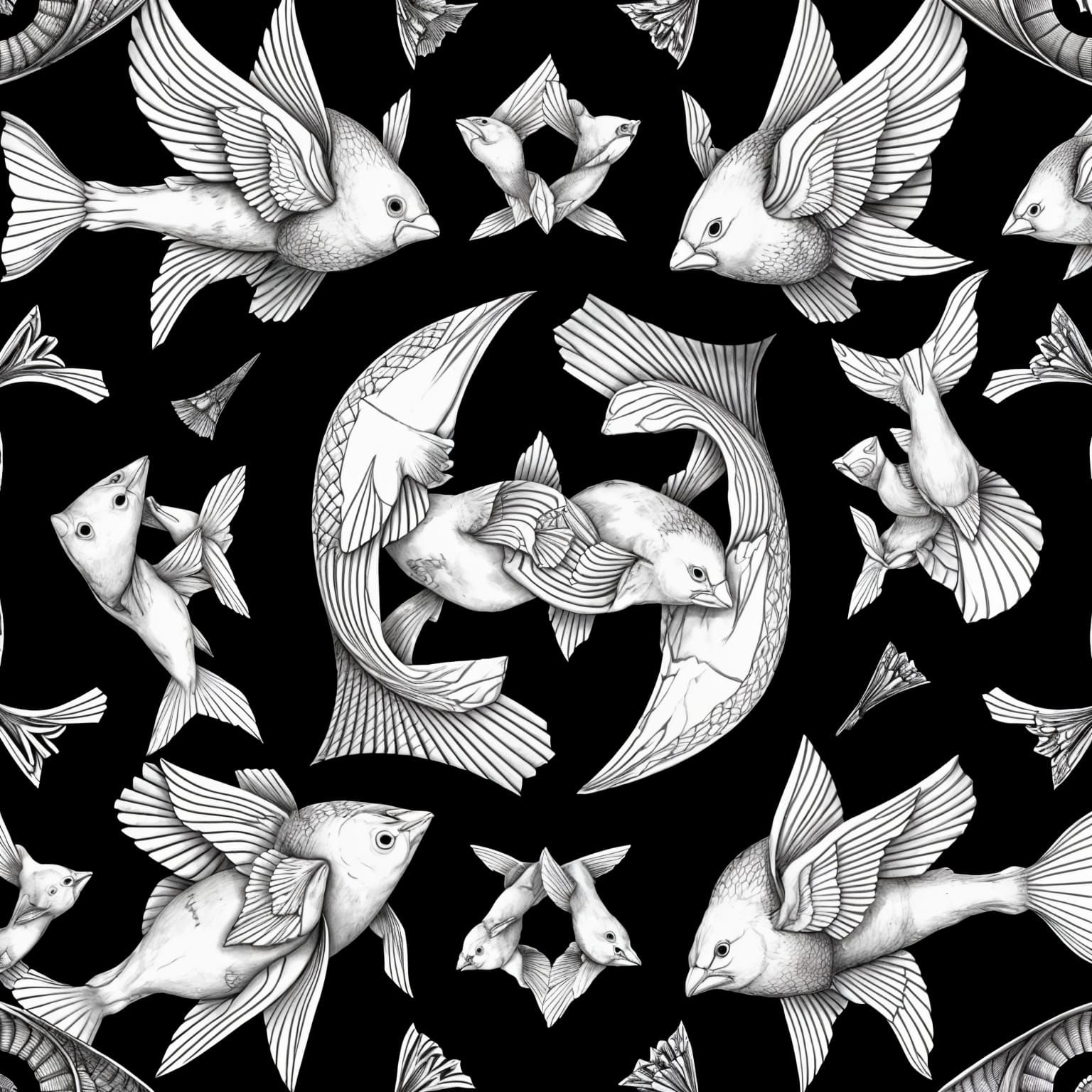 Tessellation of interlocking animals in black and white