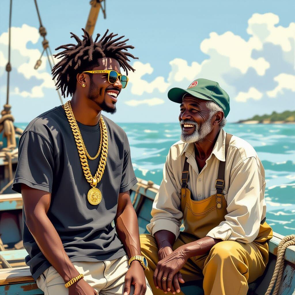 Rapper and Fisherman in Sunny Coastal Scene