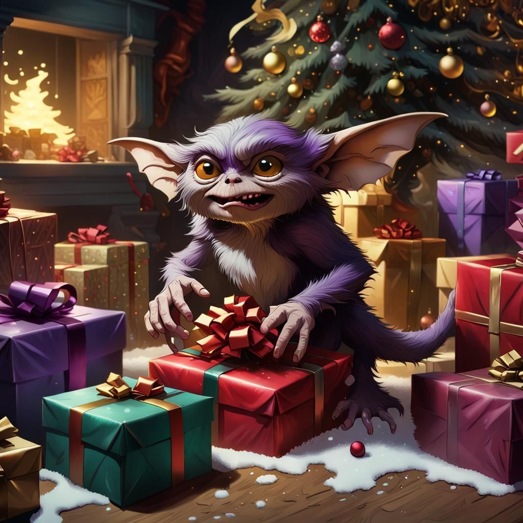 Gremlins Destroying Christmas Presents in Dark Fantasy Style
