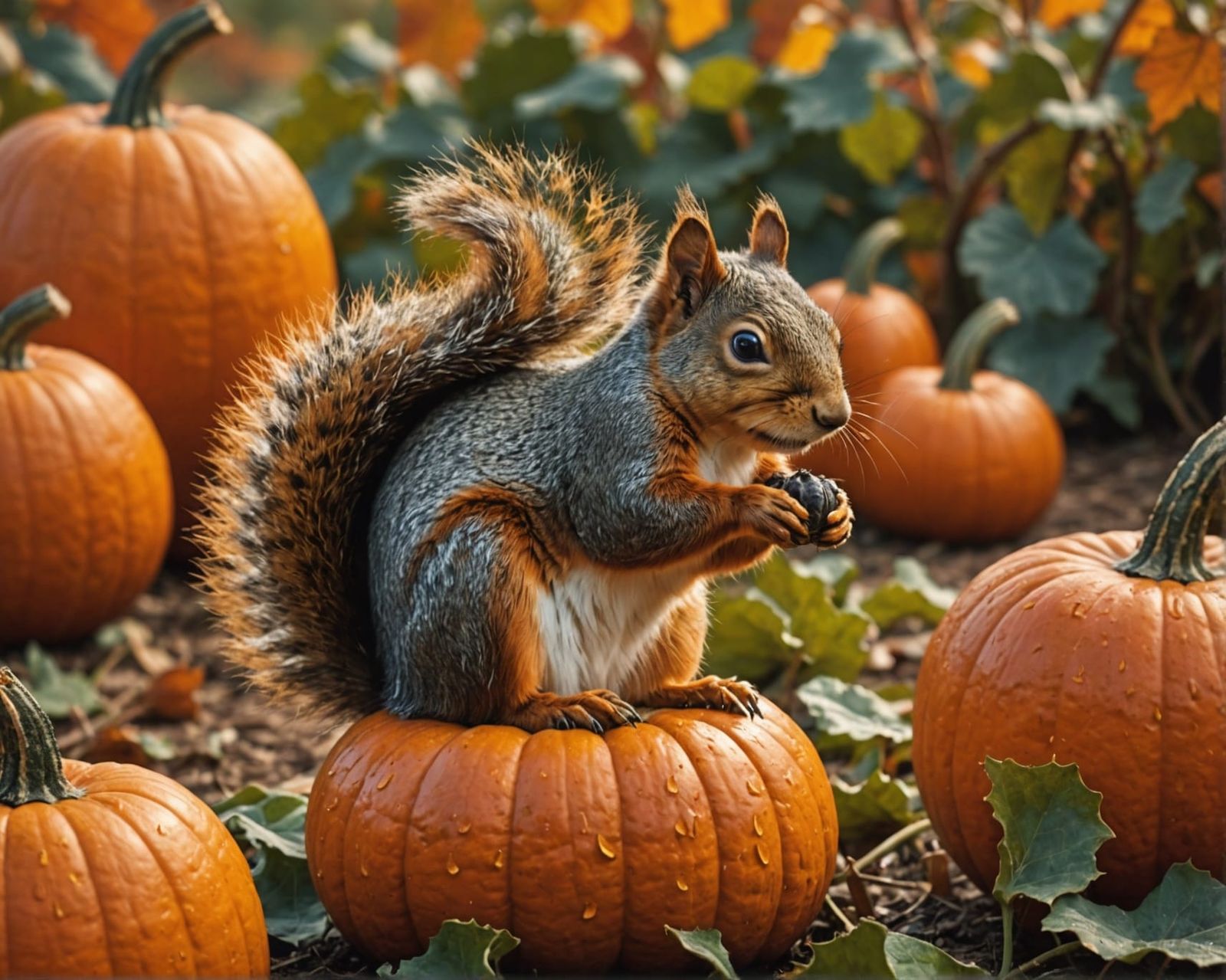 Squirrel Hiding Acorn in Hyperrealistic Pumpkin Patch