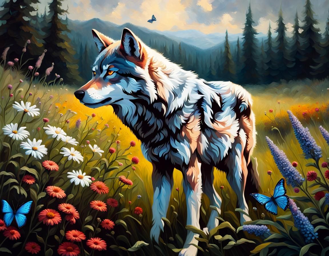 Beautiful Wolf in Field of Flowers Oil Painting