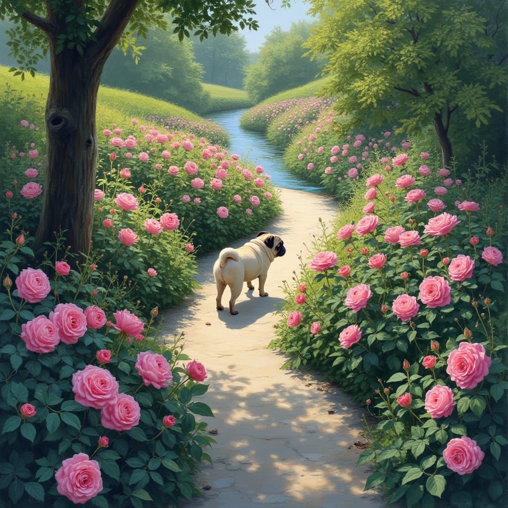 Rose Garden Overhead View with Pug in Impressionist Style