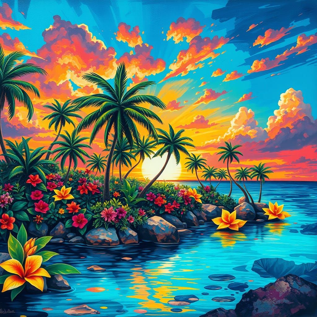 Vibrant Island Oasis at Sunset, in Street Art and Surrealism...