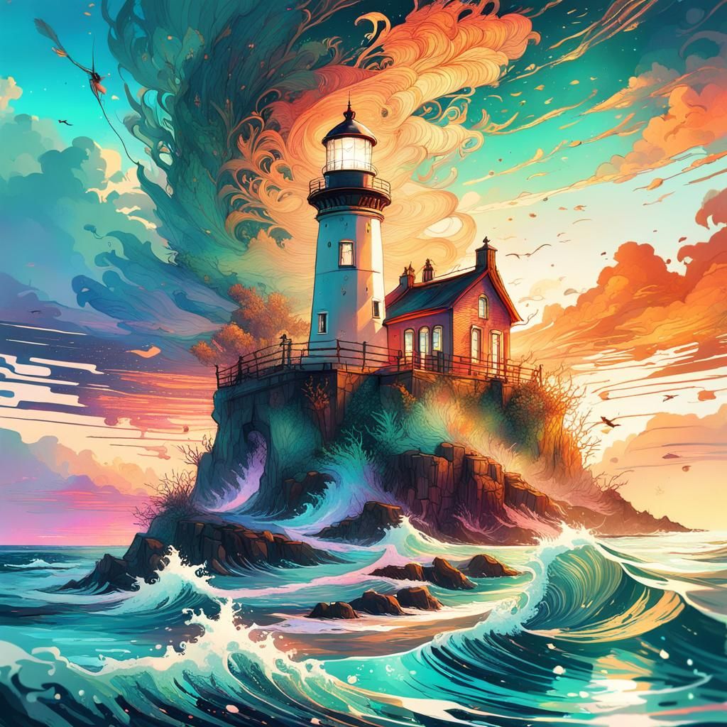 Dreamy Lighthouse Seascape at Sunset: Digital Art