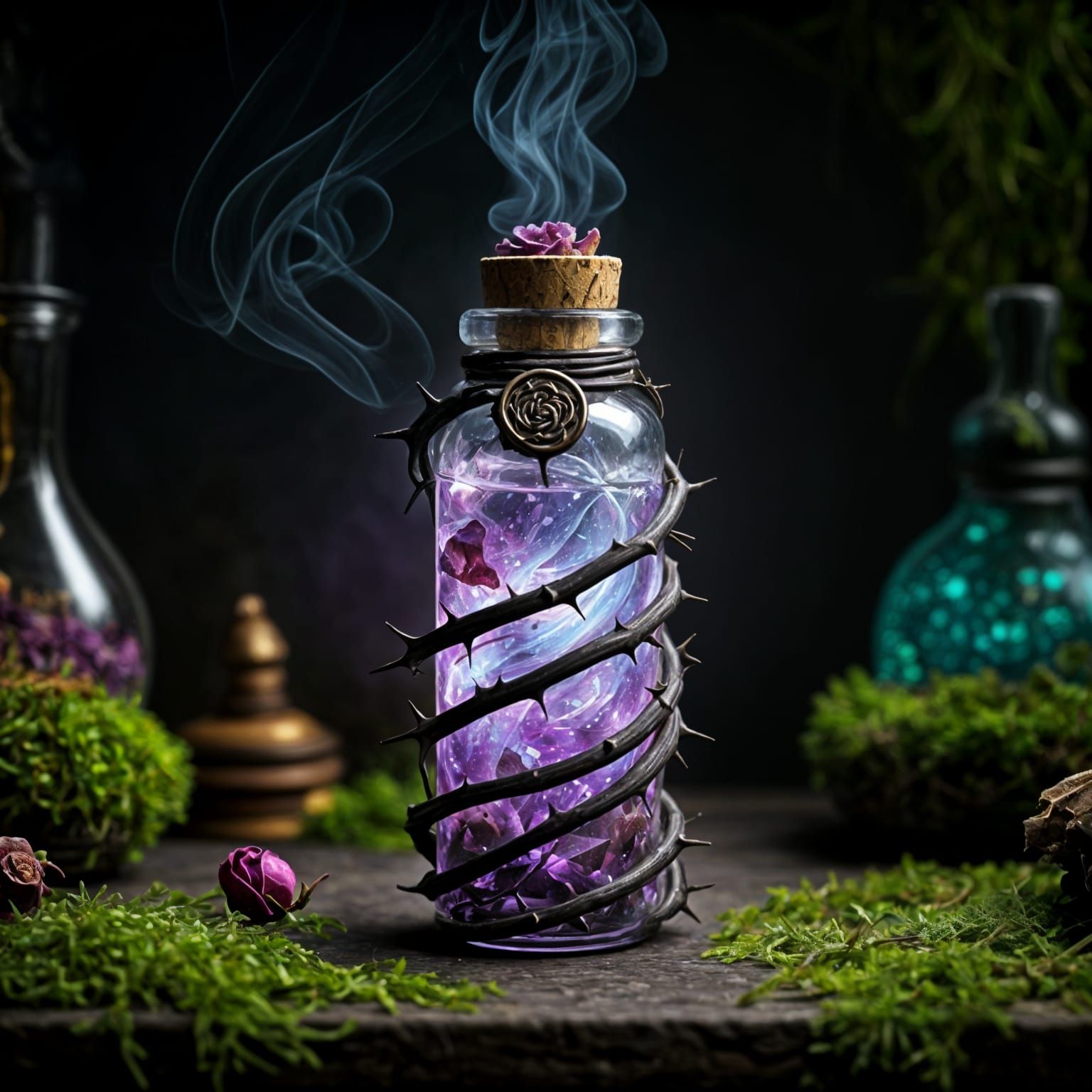 Alchemical Vial with Violet Liquid in Fantasy Lab