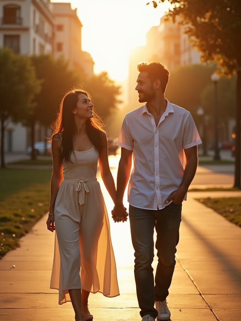 Spanish Couple Strolling in Mediterranean Park, Golden Hour