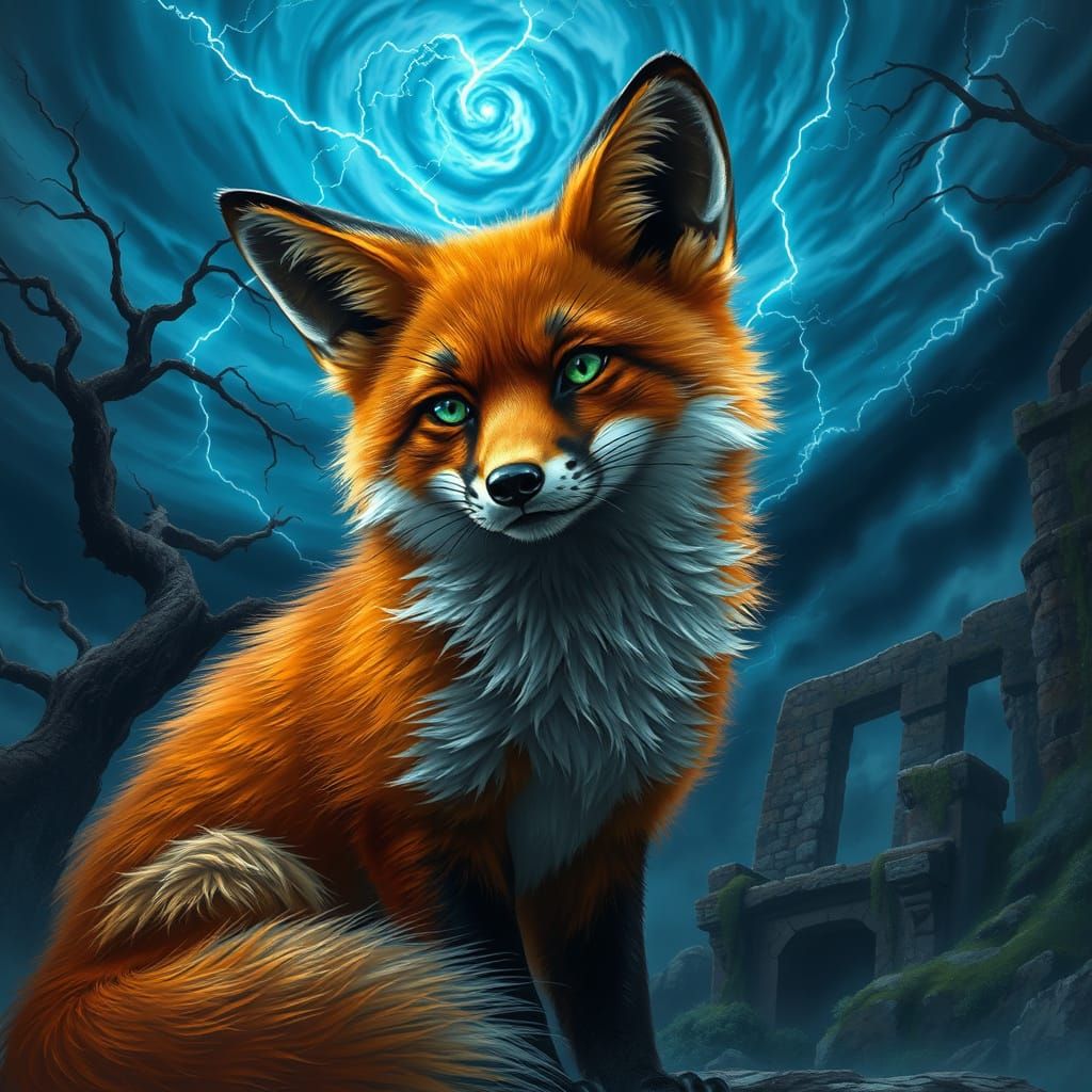 Majestic Fox Amidst Turbulent Stormy Landscape in Fantasy St...