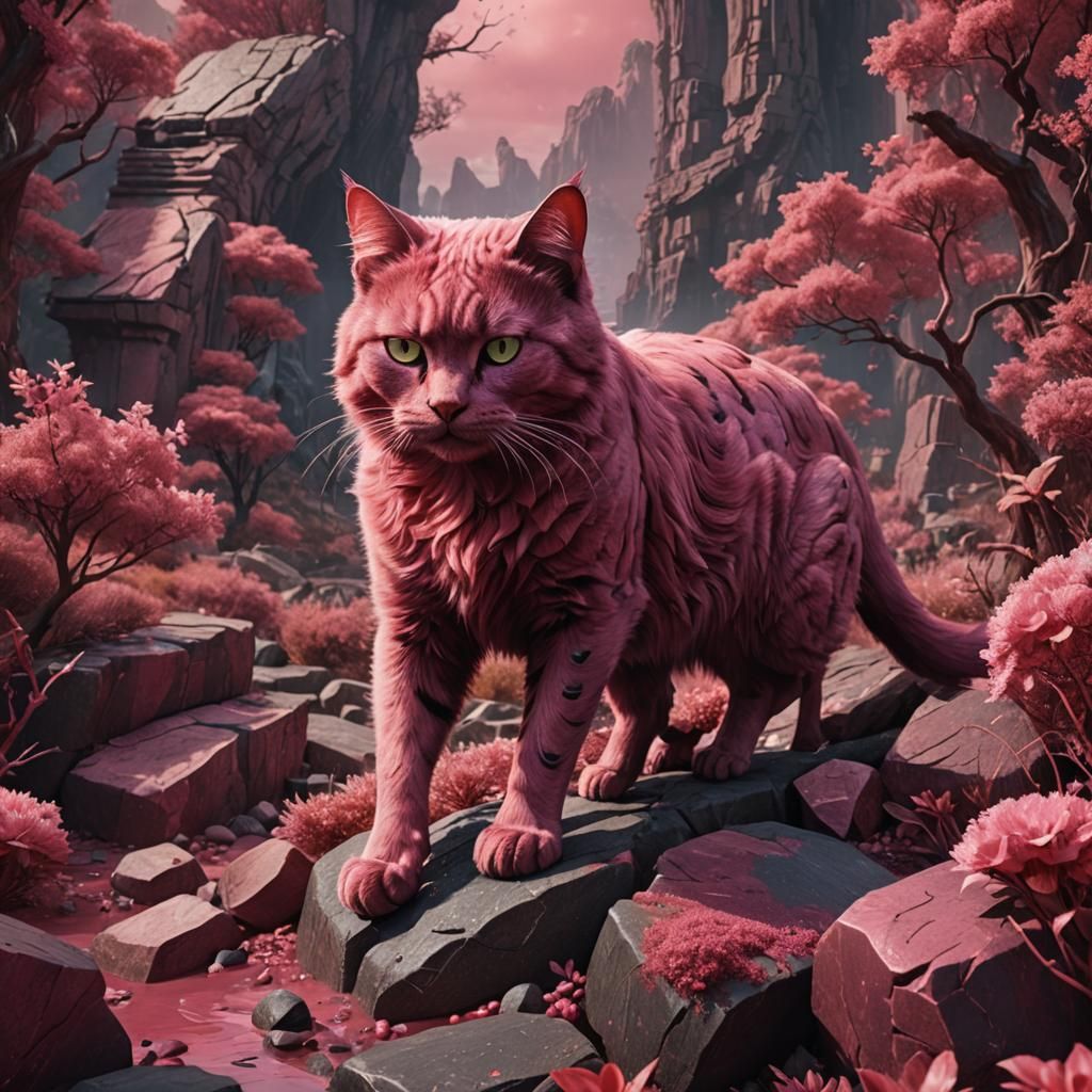 Fantastical Rhodonite Cat in Detailed Matte Painting