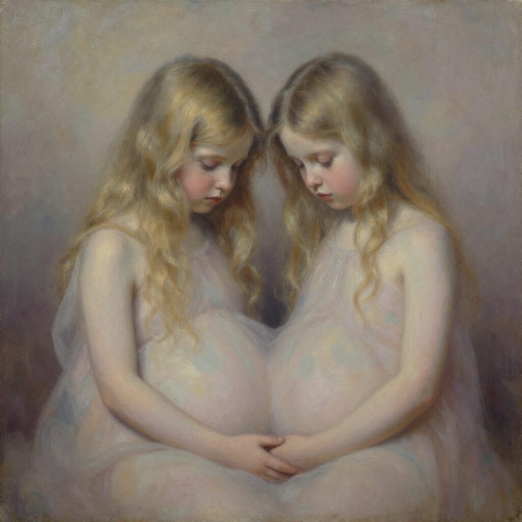 Twin Sisters in Womb Figurative Oil Painting