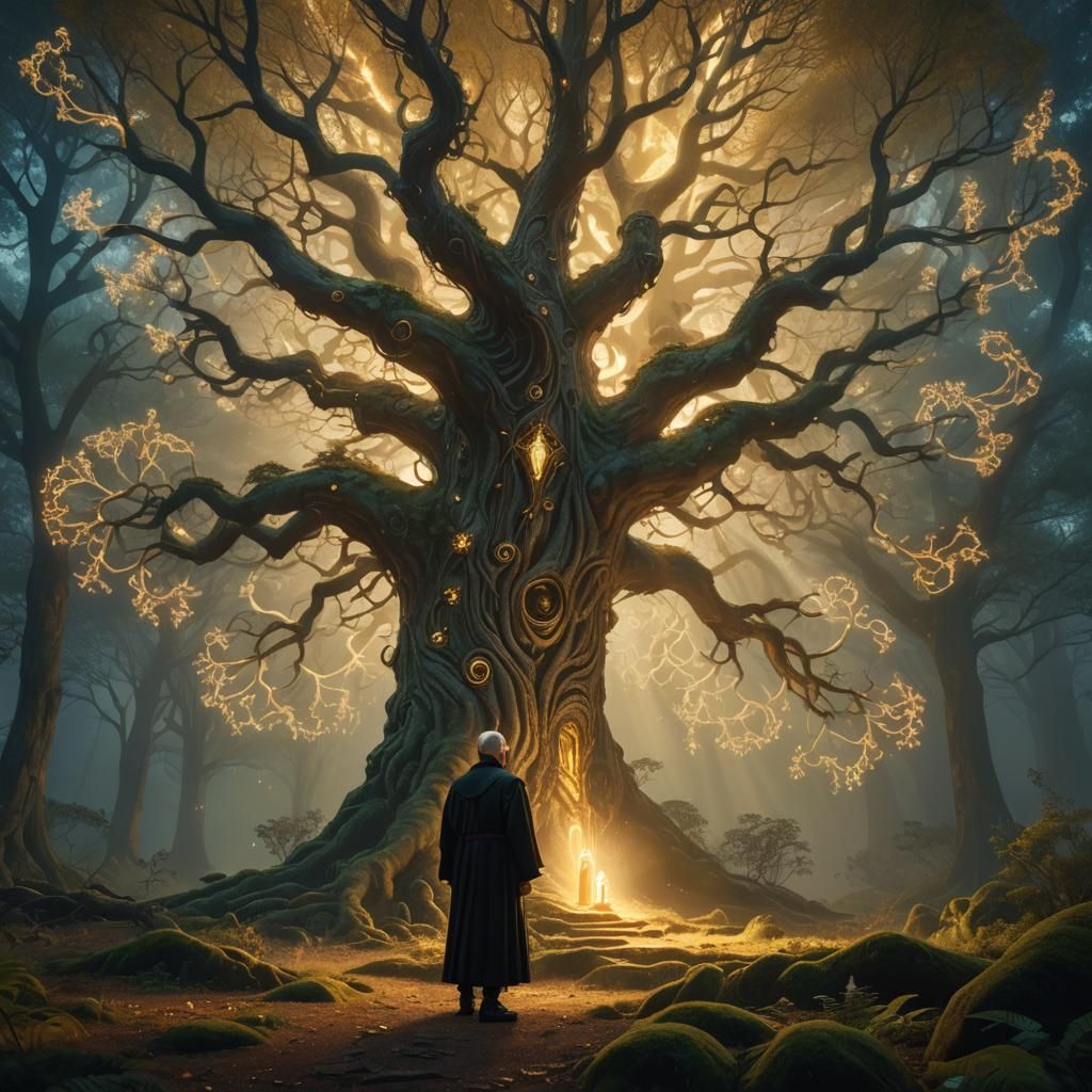 Priest Before Ancient Tree in Dreamlike Forest