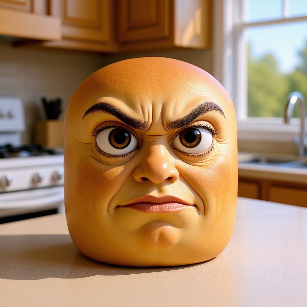 Grumpy Bread Loaf on Sunny Kitchen Counter