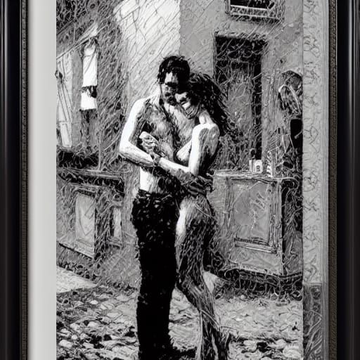 Lovers Embrace in Surreal Steampunk Oil Painting